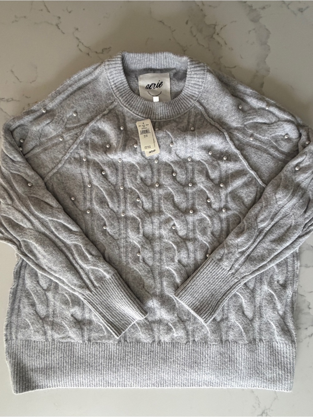 Aerie Gray Cable Knit Sweater with Pearl Accent